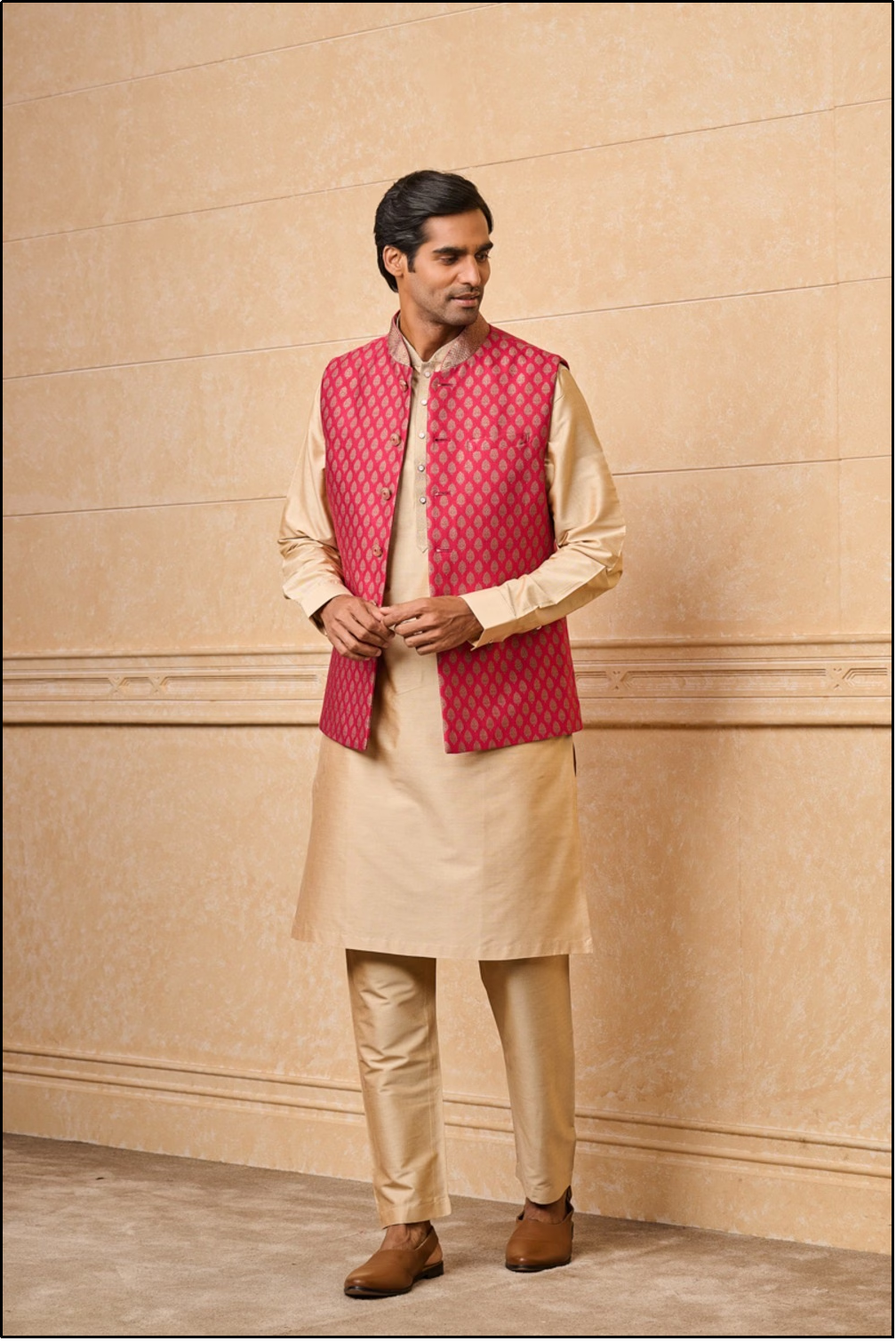 Magenta Brocade Kurta Bundi Set