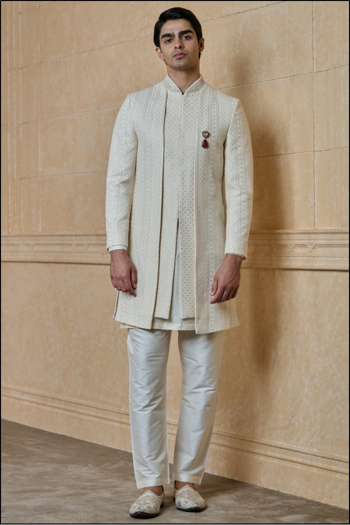 Ivory Faux Layered Embroidered Sherwani
