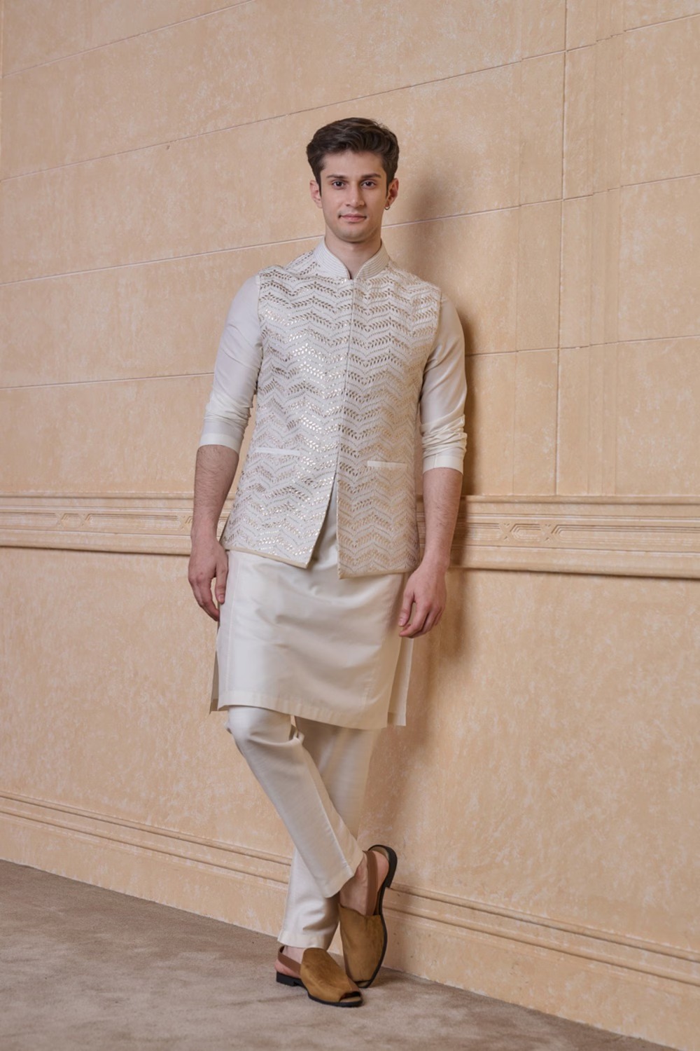 Ivory Embroidered Bundi for Men