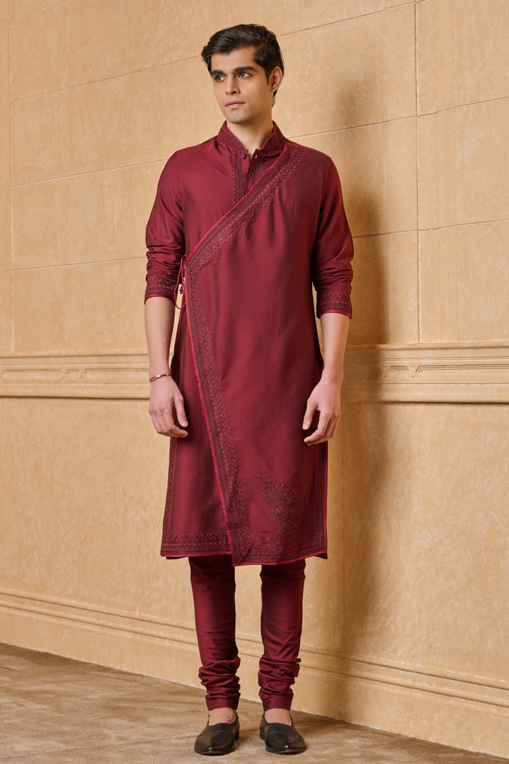 Maroon Angrakha Pattern Kurta Set for Men