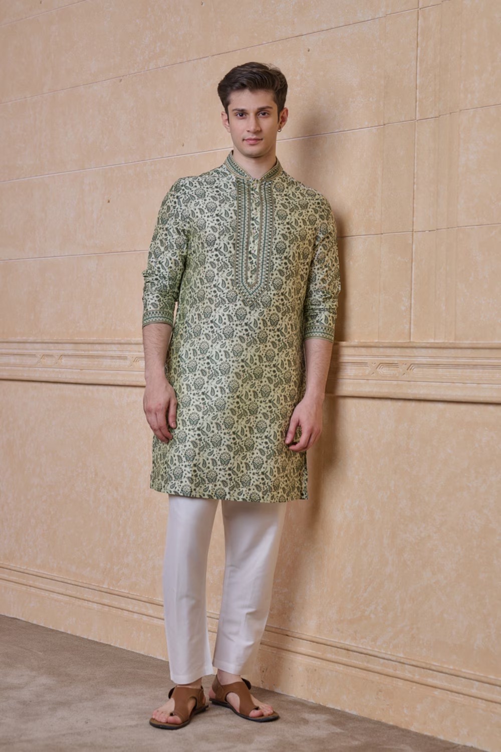 Light Green Printed Single Kurta for Men