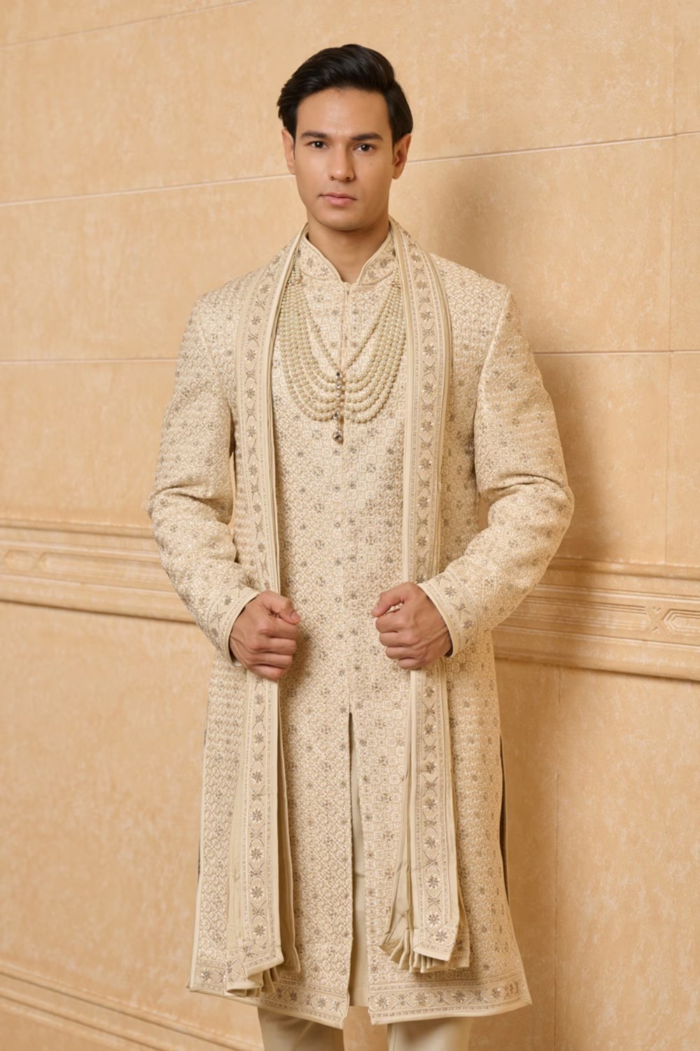Beige Embroidered Sherwani