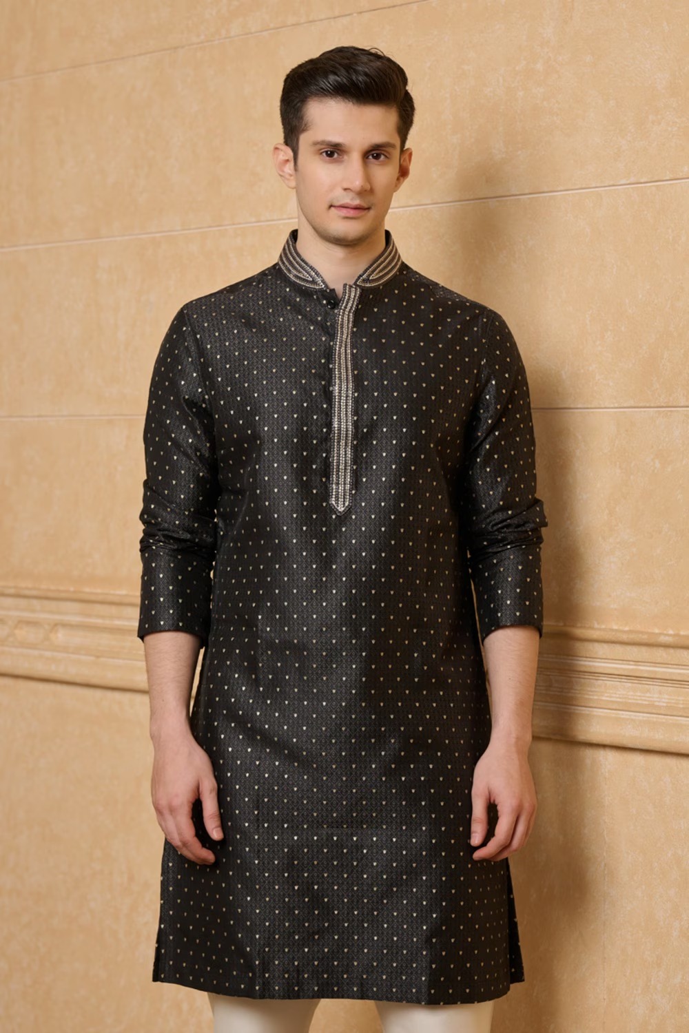 Black Linen Jacquard Kurta Set