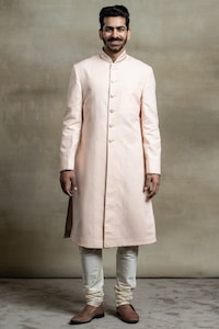 Peach Linen Sherwani With Resham And Dabka Embroidery