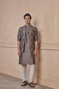 Charcoal All Over Embroidered Kurta Bundi Set for Men